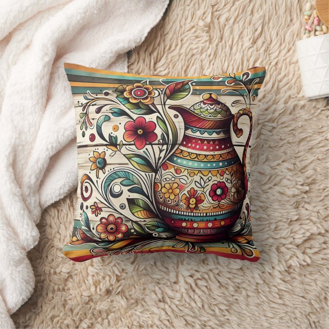 Colourful decorative jar with floral patterns throw pillow (Blanket)