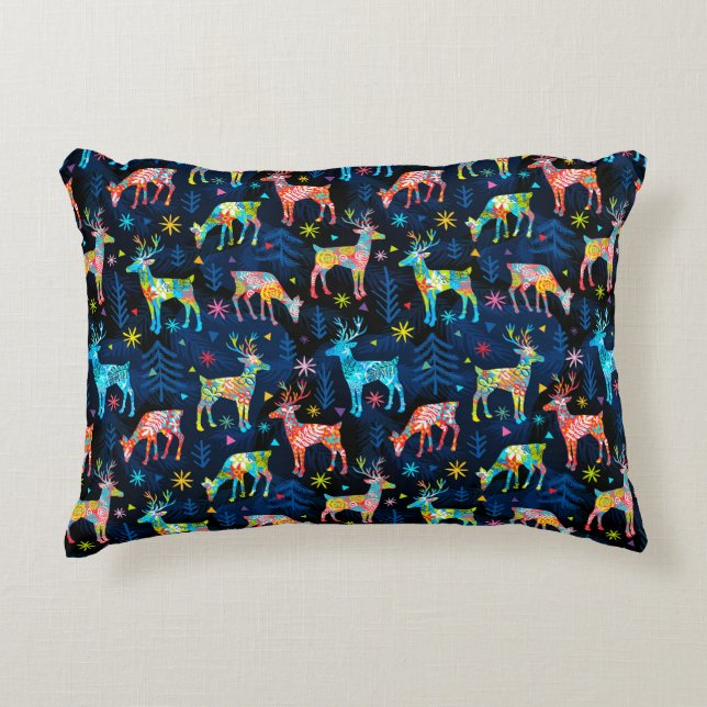 Colourful Deer Chrismas Tree Forest Star Snowflake Accent Pillow (Front)