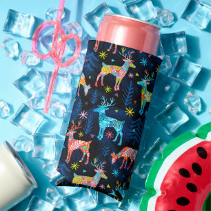 Colourful Deer Chrismas Tree Forest Star Snowflake Seltzer Can Cooler