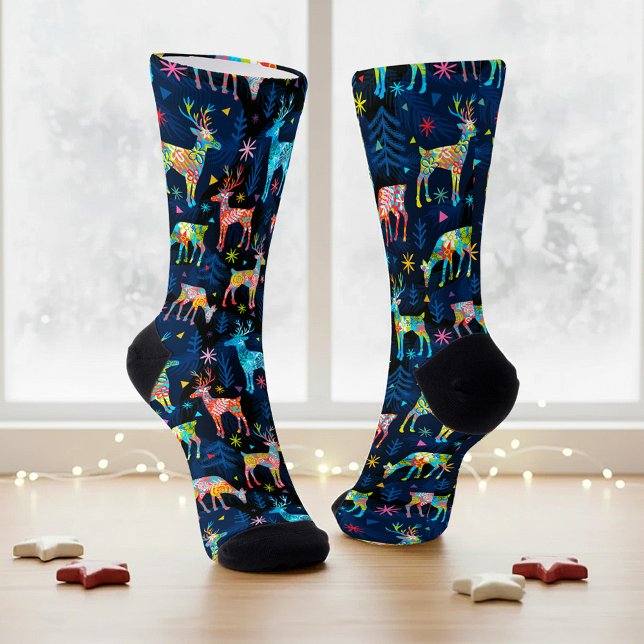 Colourful Deer Chrismas Tree Forest Star Snowflake Socks (Creator Uploaded)