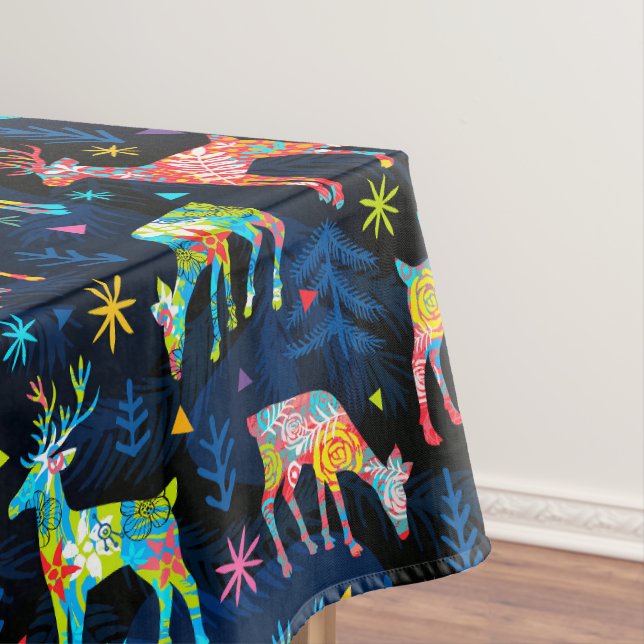Colourful Deer Chrismas Tree Forest Star Snowflake Tablecloth (In Situ)
