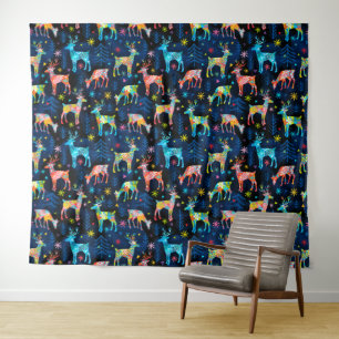 Colourful Deer Chrismas Tree Forest Star Snowflake Tapestry