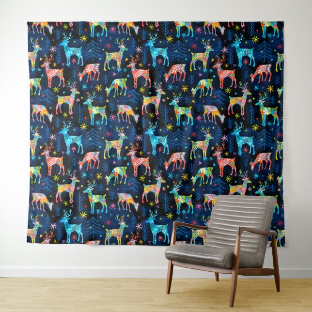 Colourful Deer Chrismas Tree Forest Star Snowflake Tapestry (In Situ (Horizontal))