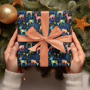 Colourful Deer Chrismas Tree Forest Star Snowflake Wrapping Paper