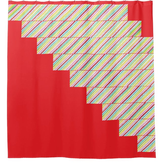 Colourful Diagonal Pinstripes on Red Shower Curtai (Front)