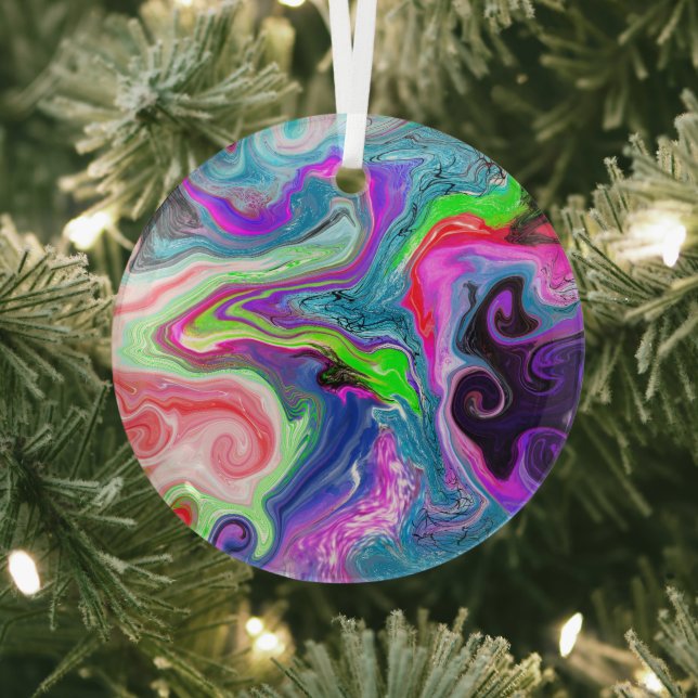 Colourful Digital Art Pour Paint Glass Ornament (Insitu)
