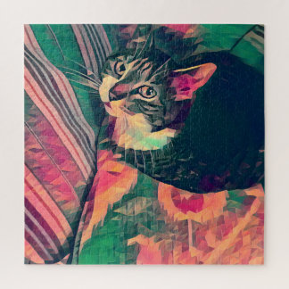 Colourful digital image little tabby cat on pillow jigsaw puzzle
