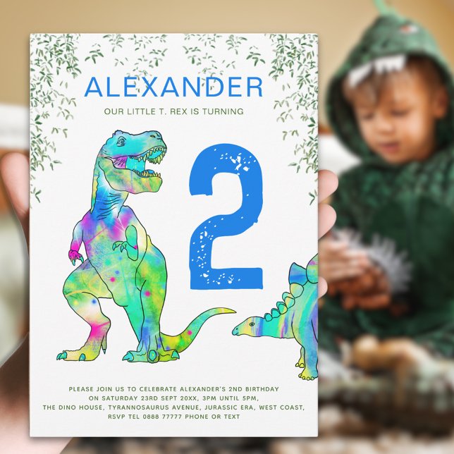 Colourful Dinosaur 2nd Birthday Party Invitation (Colorful dinosaur 2nd birthday party invitation with watercolor T-Rex and stegosaurus dino)