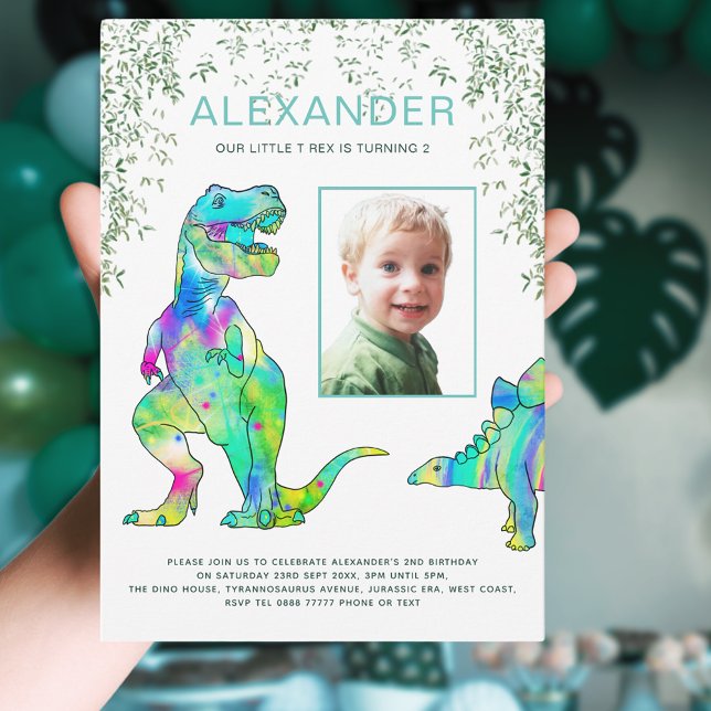 Colourful Dinosaur 2nd Birthday Party Photo Invitation (Dinosaur jungle 2nd birthday party invitation with photo template & colorful T-Rex dino watercolor )