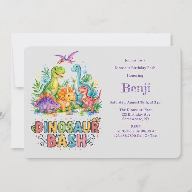Colourful Dinosaur Birthday Bash Favour Invitation (Front)