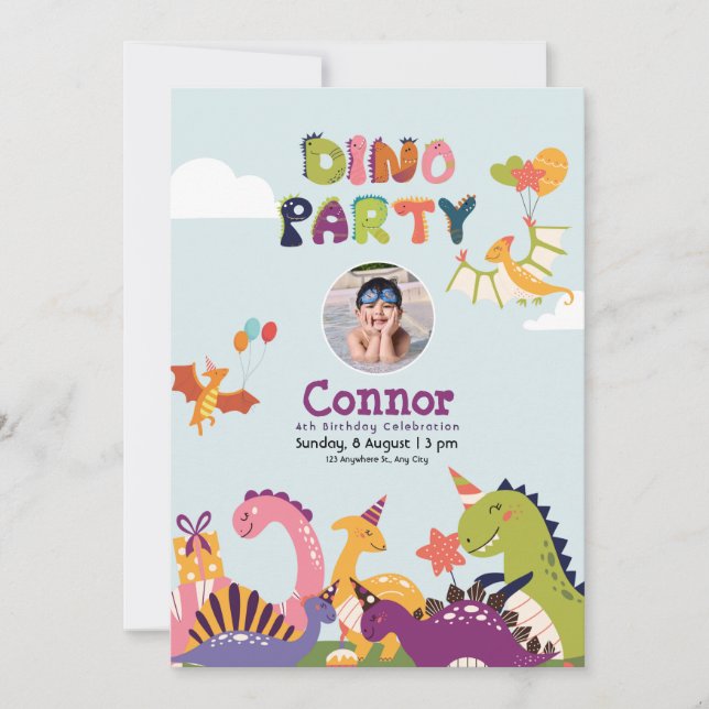 Colourful Dinosaur birthday party  Invitation (Front)