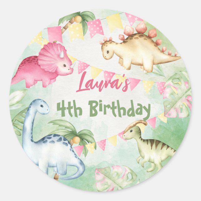 Colourful dinosaur birthday party personalized nam classic round sticker (Front)