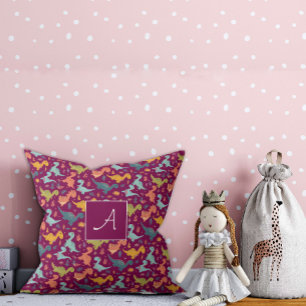 Colourful dinosaur cartoon cute pattern red name  throw pillow