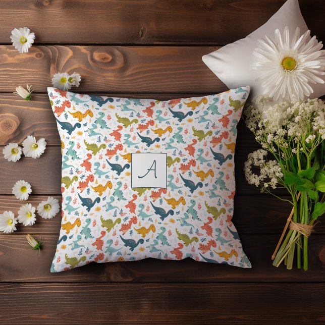 Colourful dinosaur cartoon cute pattern white name throw pillow (Creator Uploaded)