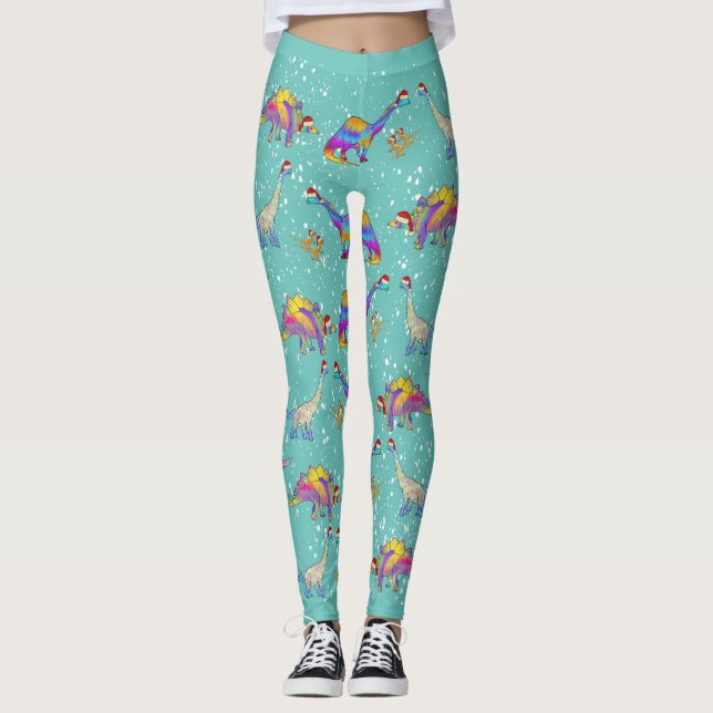 Colourful Dinosaur Christmas Leggings (Front)