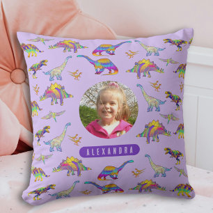 Colourful Dinosaur Girl Personalized Photo and Nam Throw Pillow