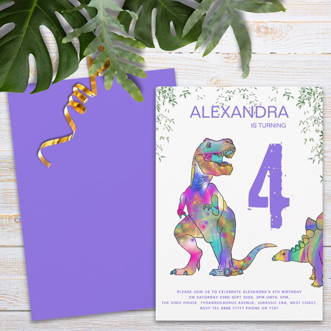 Colourful Dinosaur Girls 4th Birthday Party Invitation (Colorful dinosaur girls 4th birthday party )