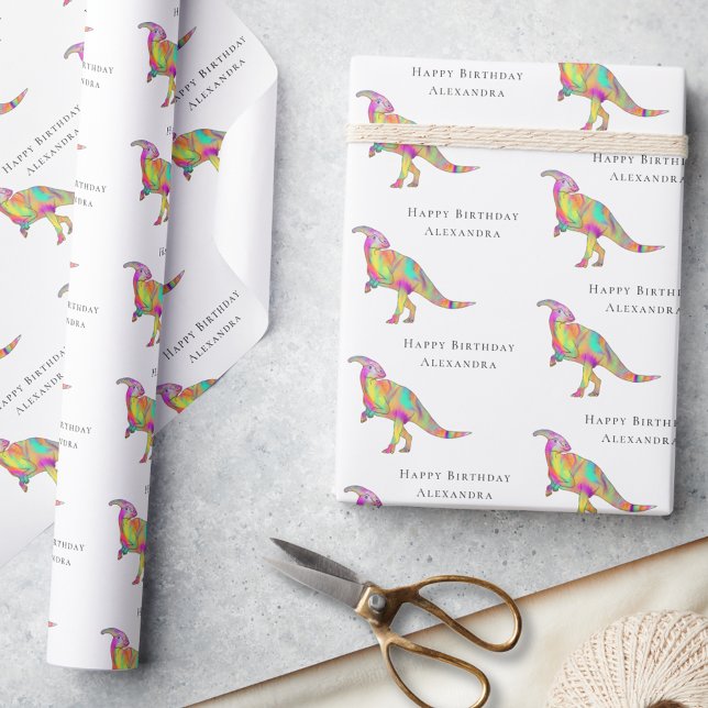 Colourful Dinosaur Happy Birthday Personalized Wrapping Paper (Cute dinosaur happy birthday personalized girl name wrapping paper Parasaurolophus Jurassic dino)