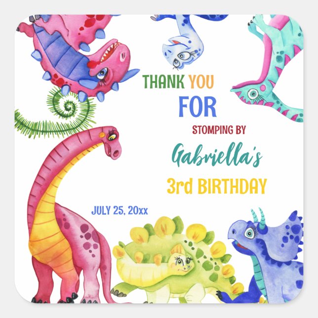 Colourful dinosaur kids birthday party personalize square sticker (Front)