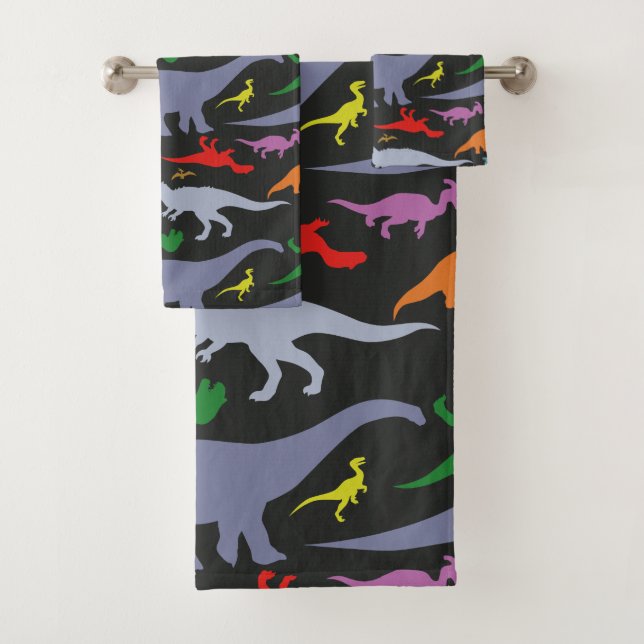 Colourful Dinosaur Pattern (Dark) Bath Towel Set (Insitu)