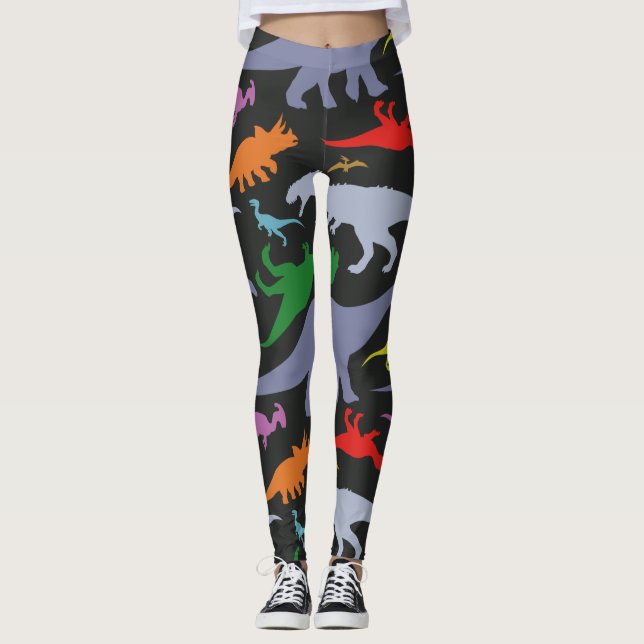 Colourful Dinosaur Pattern (Dark) Leggings (Front)