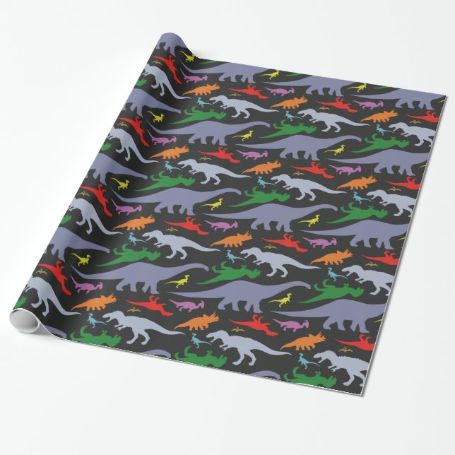 Colourful Dinosaur Pattern (Dark) Wrapping Paper (Unrolled)