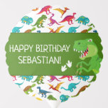 Colourful Dinosaur Pattern T-Rex Birthday Party Balloon<br><div class="desc">Does your little boy or girl love dinosaurs? This custom birthday party balloon is perfect! There's a big T-Rex, dinosaur footprints and your little kid's name on white, the text Happy Birthday, a green background, and a fun colourful dino pattern. This bday balloon makes a great personalized addition to your...</div>