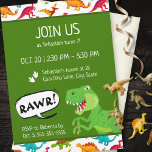 Colourful Dinosaur Pattern T-Rex Birthday Party Invitation<br><div class="desc">Does your little boy or girl love dinosaurs? This custom birthday party invitation is perfect! There's a big T-Rex saying RAWR, dinosaur footprints and your little kid's name on white, a green background, and a fun colourful dino pattern. This bday invite makes a great personalized addition to your birthday celebration...</div>