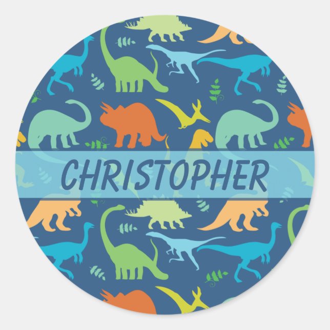 Colourful Dinosaur Pattern to Personalize Classic Round Sticker (Front)