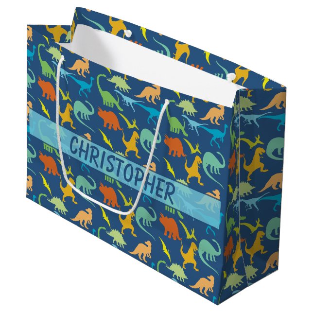 Colourful Dinosaur Pattern to Personalize Large Gift Bag (Front Angled)