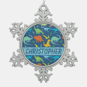 Colourful Dinosaur Pattern to Personalize Snowflake Pewter Christmas Ornament