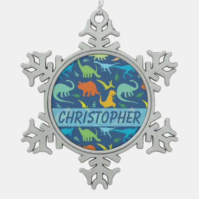 Colourful Dinosaur Pattern to Personalize Snowflake Pewter Christmas Ornament (Front)