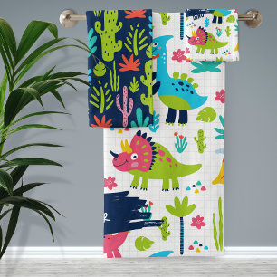 Colourful Dinosaur Pattern with Kids Name Bathroom Bath Towel Set