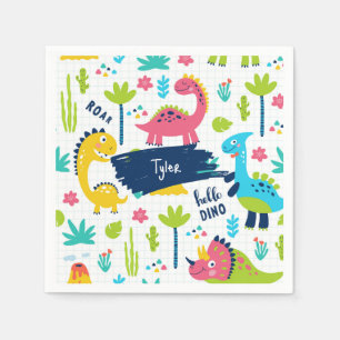 Colourful Dinosaur Pattern with Kids Name Birthday Napkin