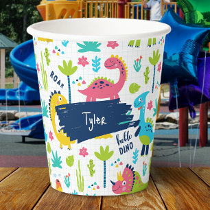 Colourful Dinosaur Pattern with Kids Name Birthday Paper Cups