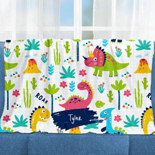 Colourful Dinosaur Pattern with Kids Name Fleece Blanket