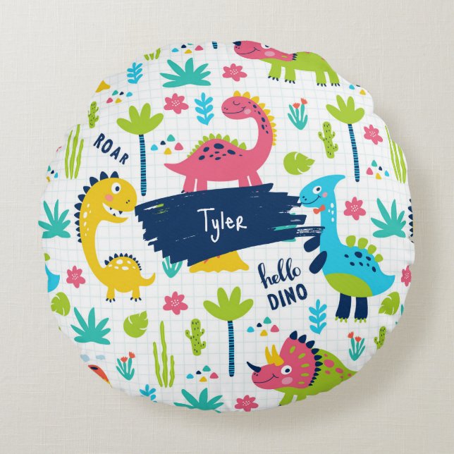 Colourful Dinosaur Pattern with Kids Name Round Pillow (Front)