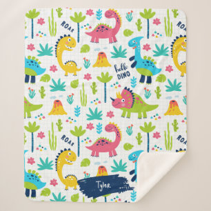 Colourful Dinosaur Pattern with Kids Name Sherpa Blanket