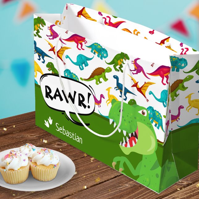 Colourful Dinosaur Pattern with Name T-Rex Green Large Gift Bag (Creator Uploaded)