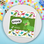 Colourful Dinosaur Pattern with Name T-Rex Green Napkin<br><div class="desc">Does your little boy or girl love dinosaurs? This custom birthday party paper napkin is perfect! There's a big T-Rex saying RAWR, dinosaur footprints and your little kid's name on white, a green background, and a fun colourful dino pattern. This paper napkin makes a great personalized addition to your birthday...</div>