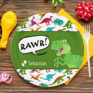 Colourful Dinosaur Pattern with Name T-Rex Green Paper Plate
