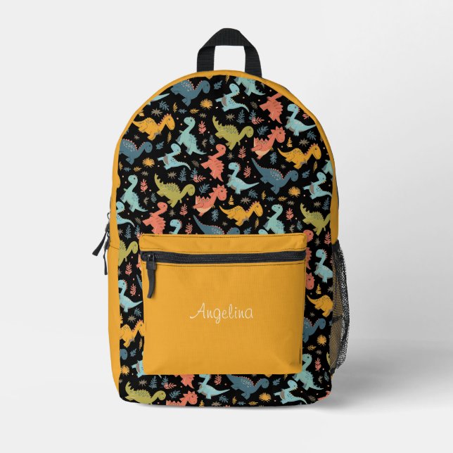 Colourful dinosaur pattern yellow black name  printed backpack (Front)