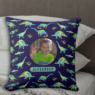 Colourful Dinosaur Personalized Boys Photo and Nam Throw Pillow