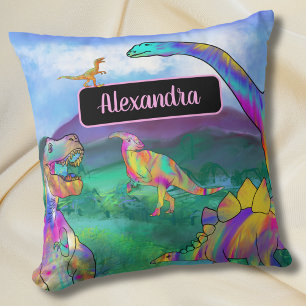 Colourful Dinosaur Personalized Name Throw Pillow