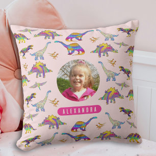 Colourful Dinosaur Personalized Photo and Name Pin Throw Pillow
