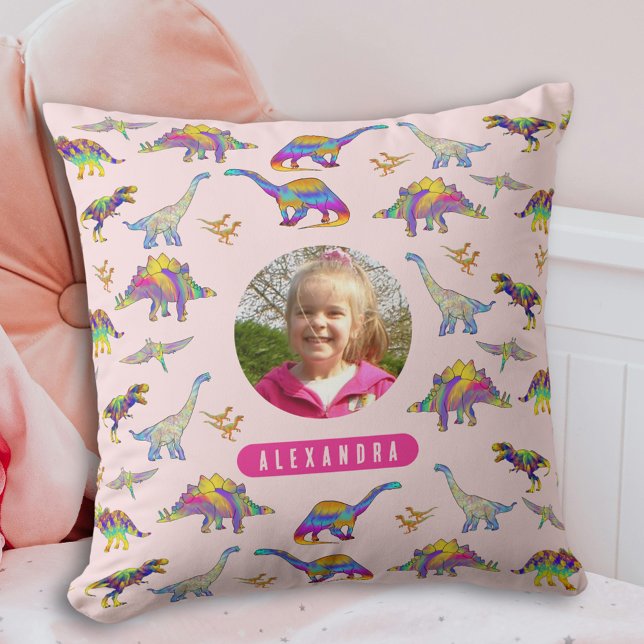 Colourful Dinosaur Personalized Photo and Name Pin Throw Pillow (Colorful dinosaur pattern personalized name and photo girls pink pillow)