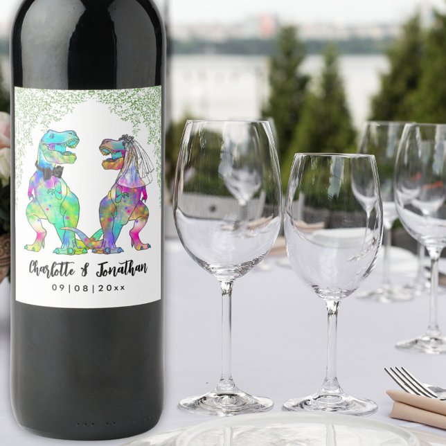 Colourful Dinosaur Theme Wedding Custom Wine Label (Colorful T-Rex Bride and Groom Dinosaur Wedding Custom wine labels)