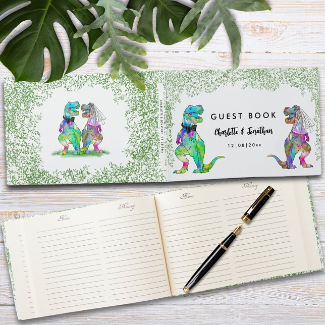 Colourful Dinosaur Theme Wedding Guest Book (Colorful dinosaur themed wedding guest book with funny T-Rex bride and groom)