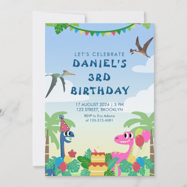 Colourful Dinosaur Themed Birthday Party Invitatio Invitation (Front)