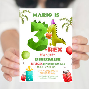 Colourful Dinosaur Three Rex 3rd Birthday Party Invitation